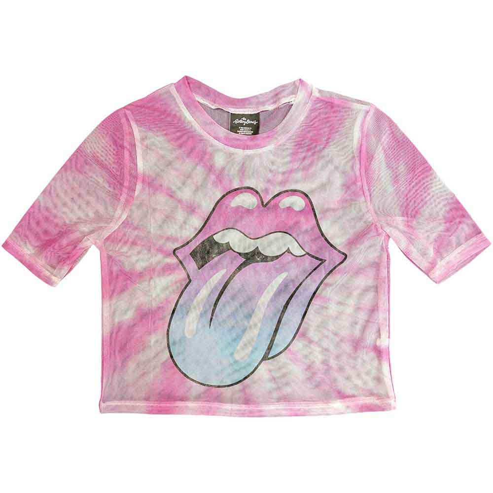 The Rolling Stones Ladies Crop Top Pink Gradient Tongue (Mesh) White (XL)