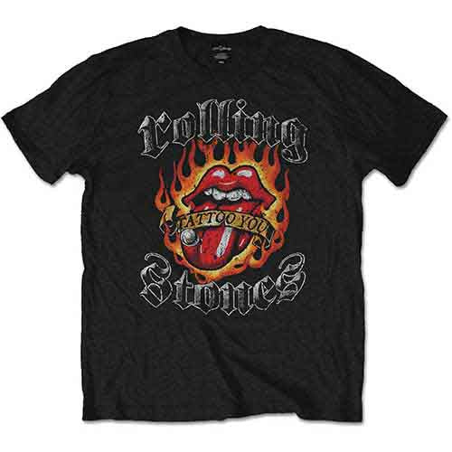 The Rolling Stones Men's T-Shirt Flaming Tattoo Tongue Black (M)