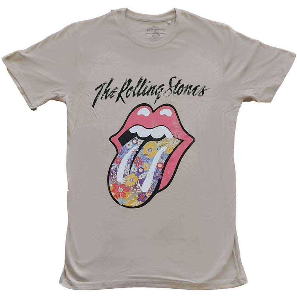 The Rolling Stones Unisex T-Shirt Flowers Tongue Natural (XXL)
