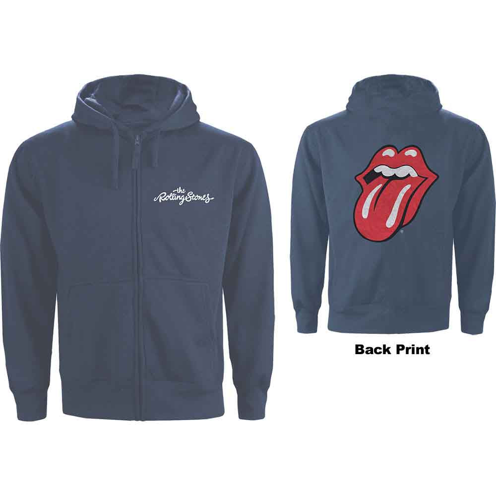The Rolling Stones Unisex Zipped Hoodie Classic Tongue (Back) Navy Blue (L)