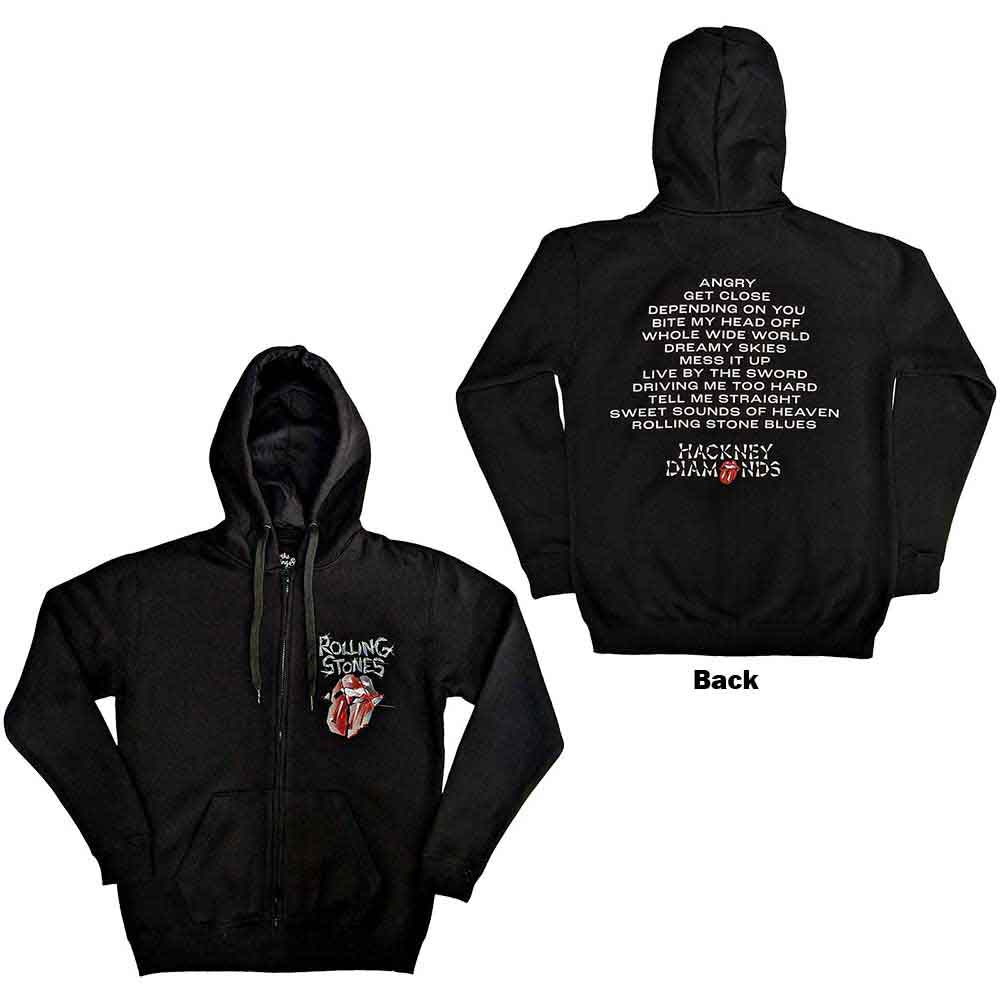 The Rolling Stones Unisex Zipped Hoodie Hackney Diamonds Tracklist (Back Print) Black (M)