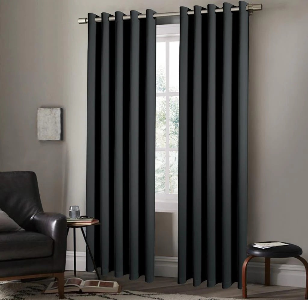 Thermal Blackout Plain Curtains Eyelet Ring Top 66" x 72" Black