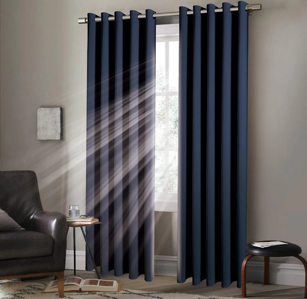 Thermal Blackout Plain Curtains Eyelet Ring Top 90" x 54" Navy Blue