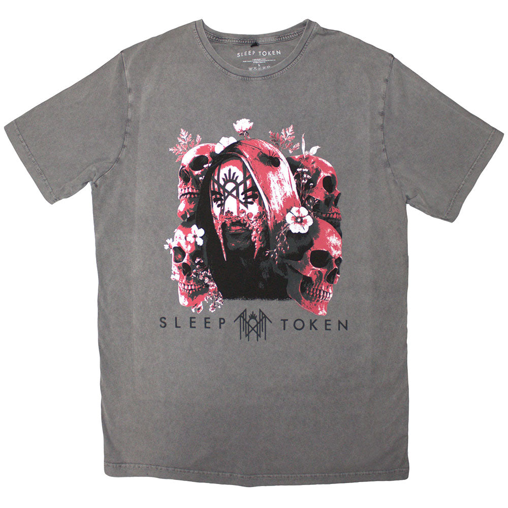 Sleep Token Unisex Stone Wash T-Shirt Skulls & Flowers Grey (XL)