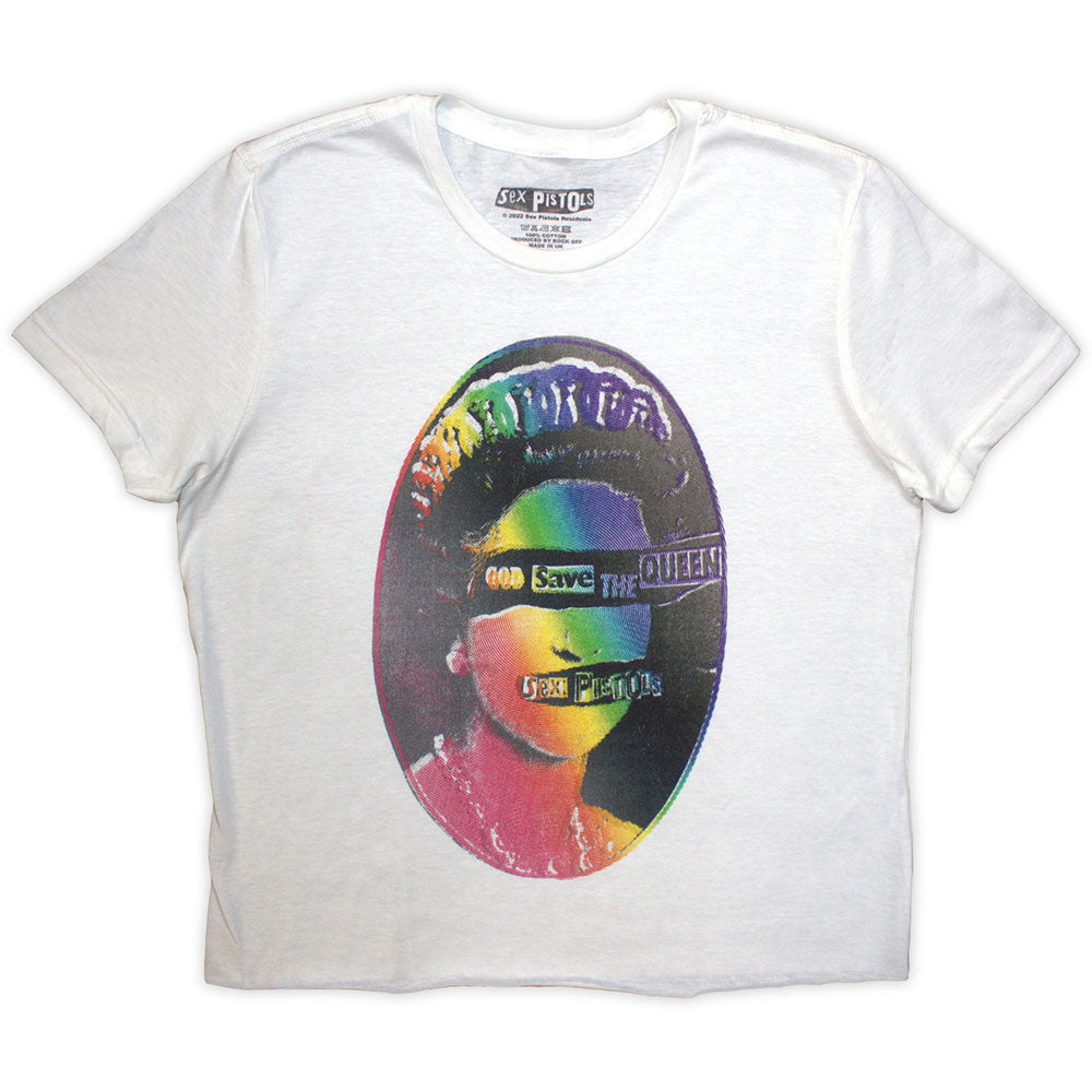 The Sex Pistols Ladies Crop Top God Save The Queen Rainbow Print White (XL)