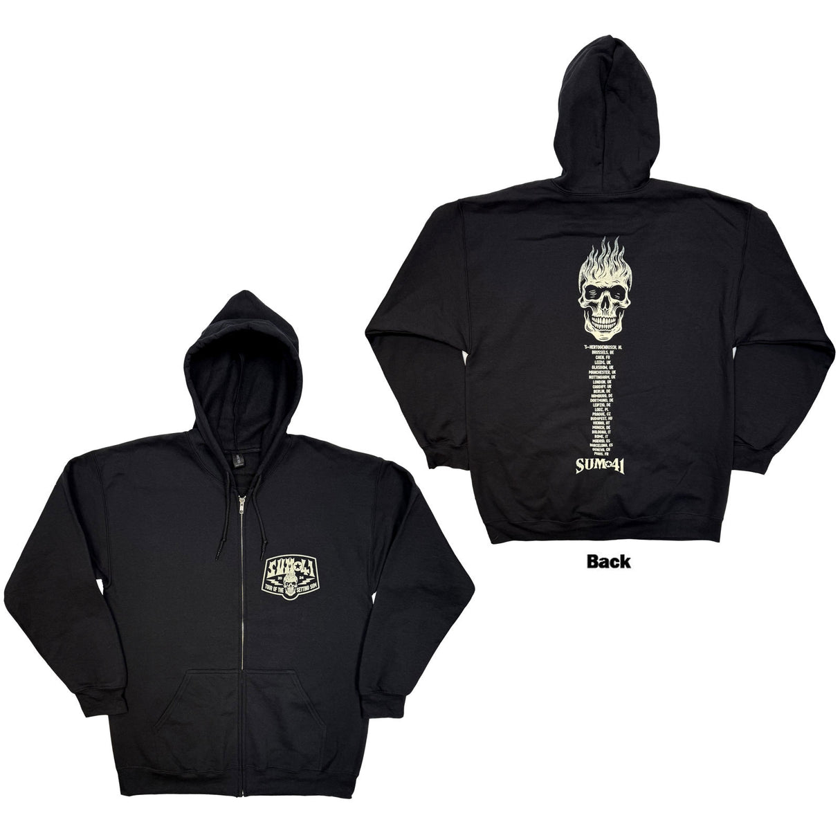 Sum 41 Unisex Zipped Hoodie Tour '24 Pt.2 Pocket Logo & Skull (Back Print) (Ex-Tour) Black (M)