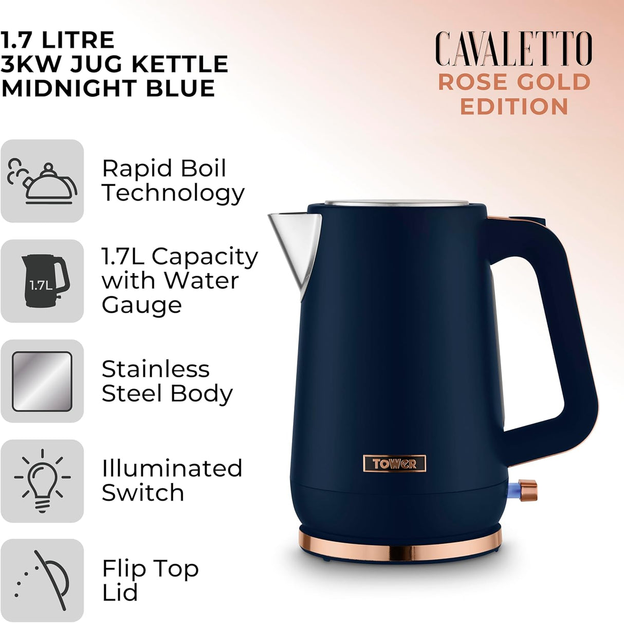 Tower T10100MNB Cavaletto 1.7L 3000W Jug Kettle Midnight Blue/Rose Gold