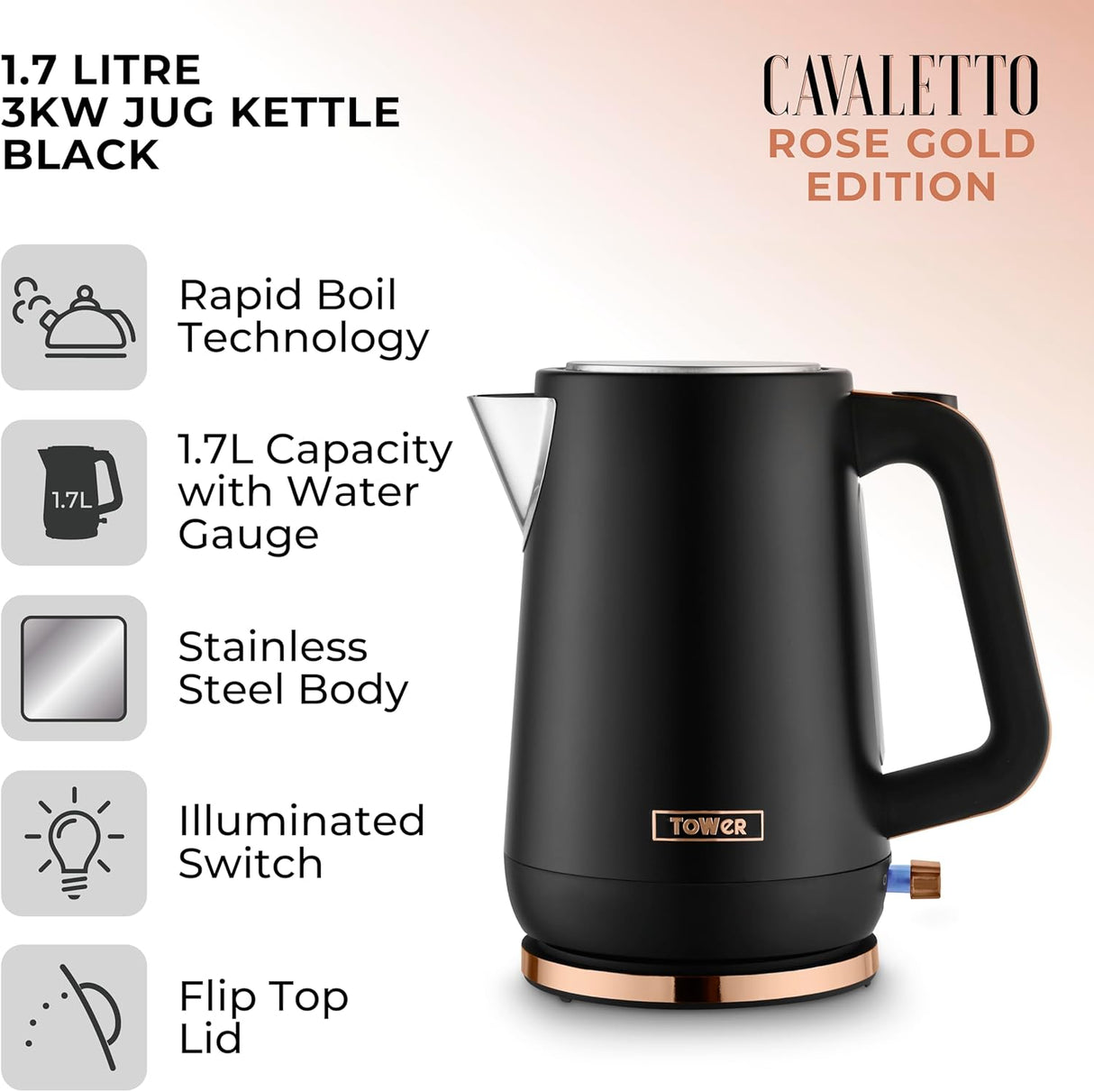 Tower T10100RG Cavaletto 1.7L 3000W Jug Kettle Black/Rose Gold