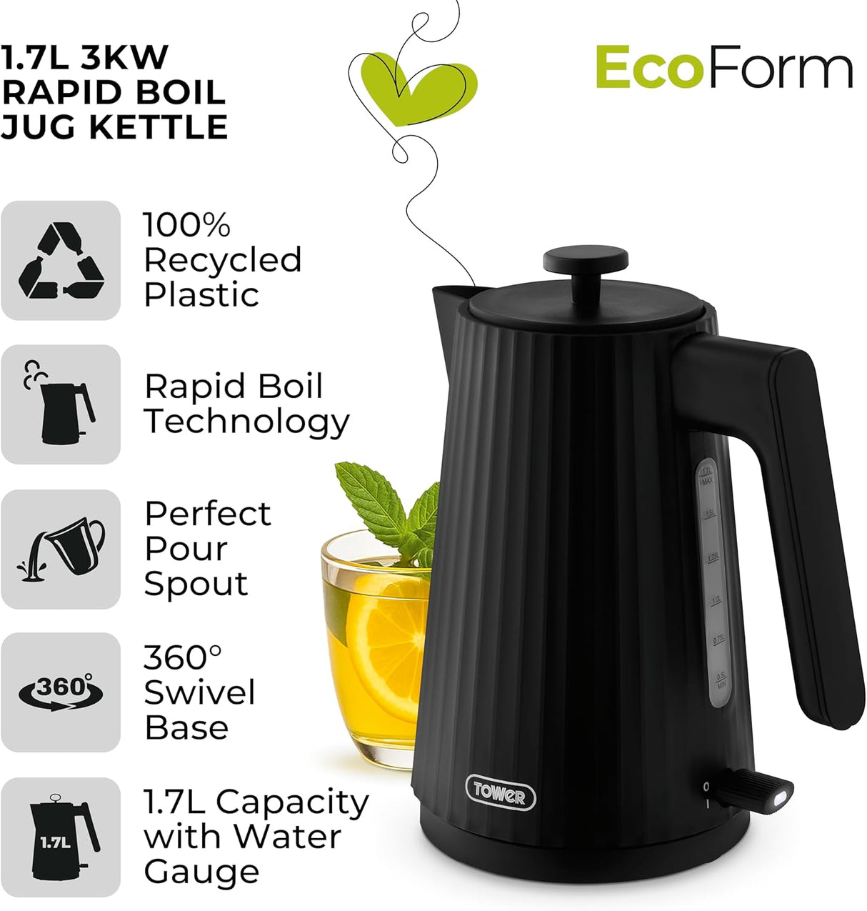 Tower T10105BLK Eco 1.7L 3000W Jug Kettle Black