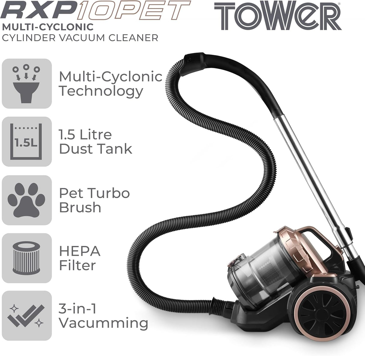 Tower RXP10PET 1.5L Cylinder Vacuum Cleaner Black/Blush Gold