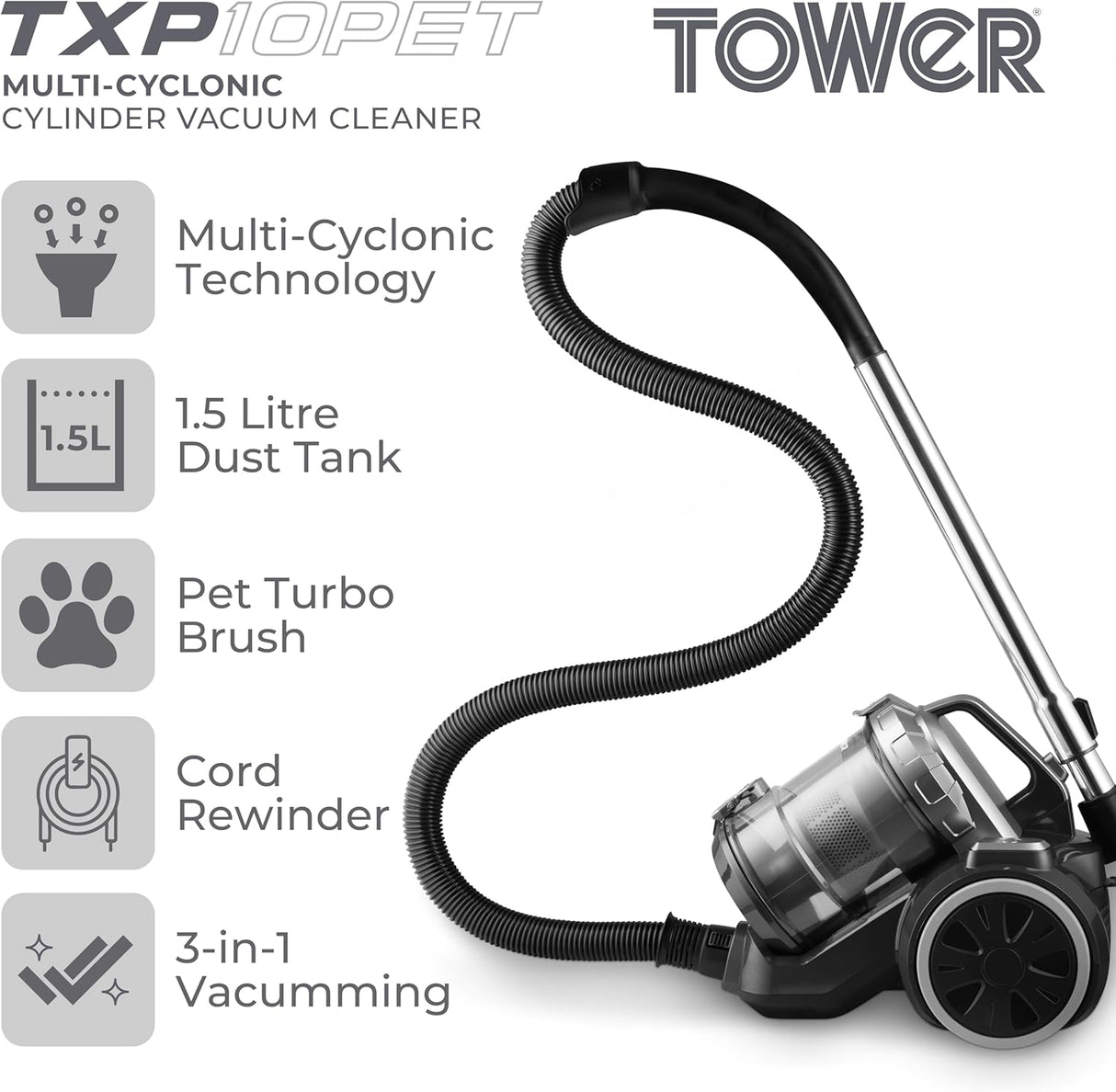 Tower TXP10PET 1.5L Cylinder Vacuum Cleaner Black/Platinum