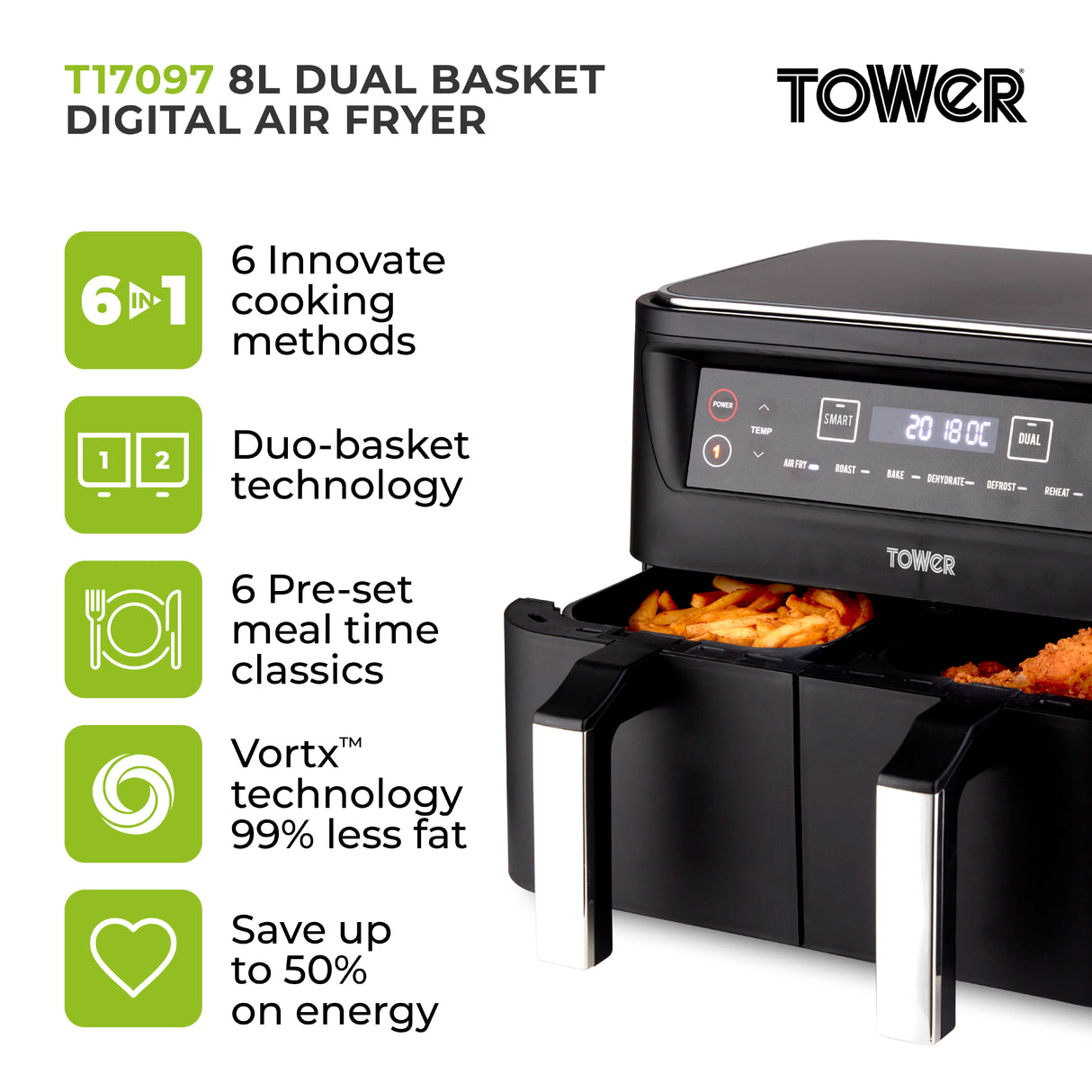 Tower Vortx T17097 8.0L Dual Basket Air Fryer Black