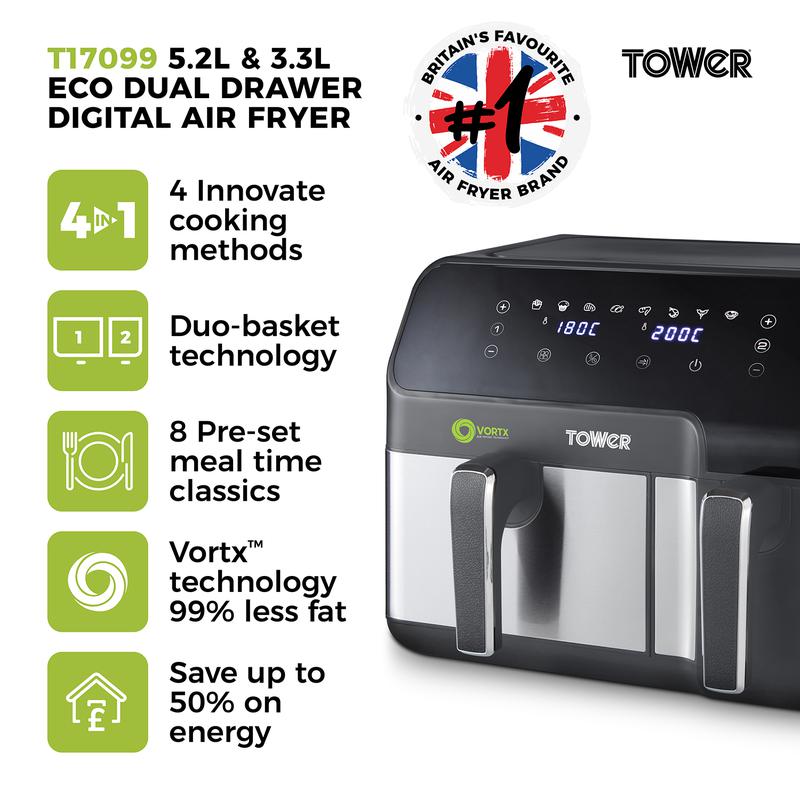 Tower Vortx T17099 8.5L Digital Dual Basket Air Fryer Black