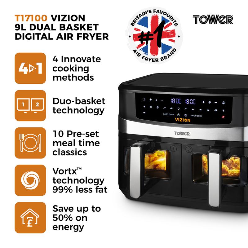 Tower Vortx Vizion T17100 9.0L Digital Dual Basket Air Fryer Black