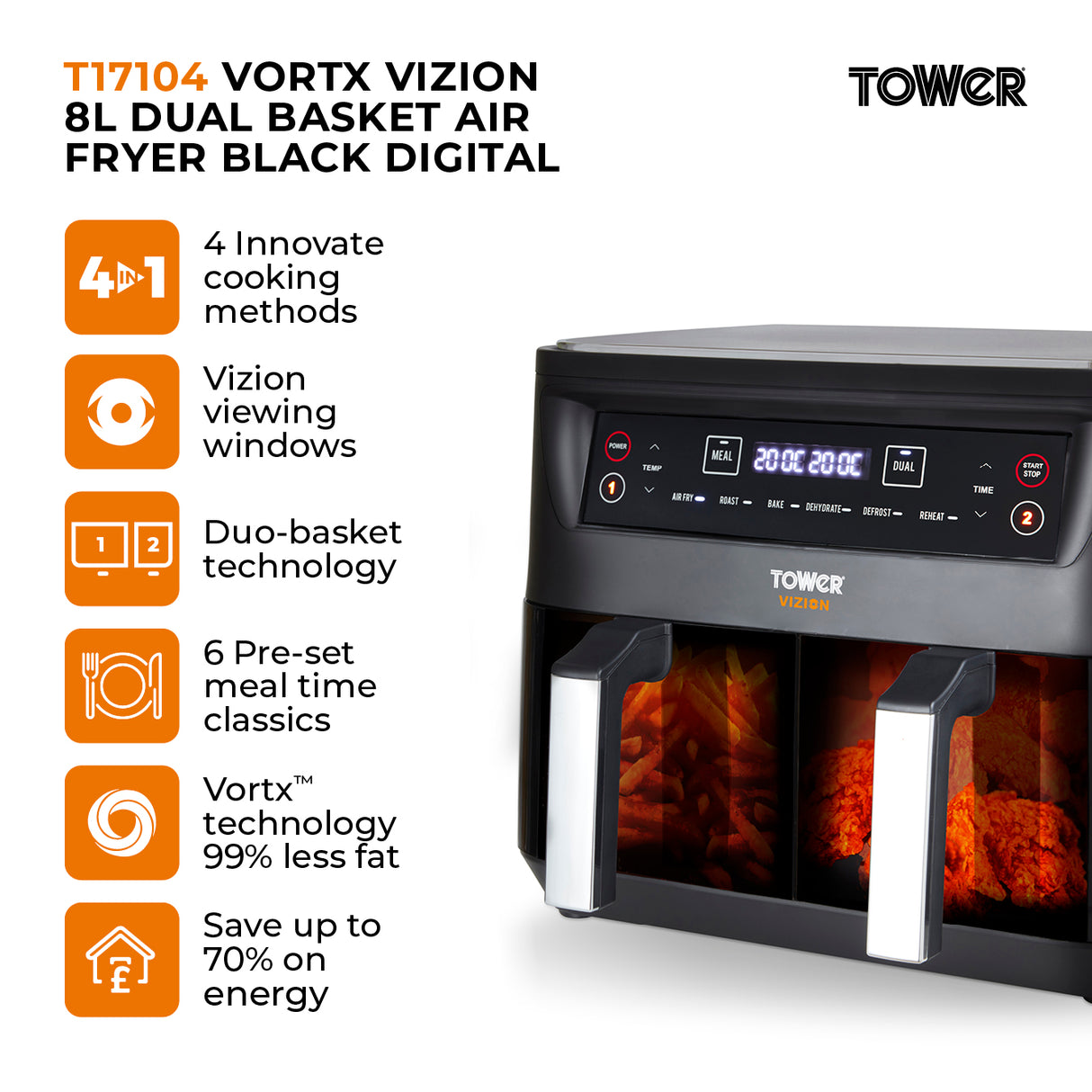 Tower Vortx Vizion T17104 8.0L Dual Basket Air Fryer