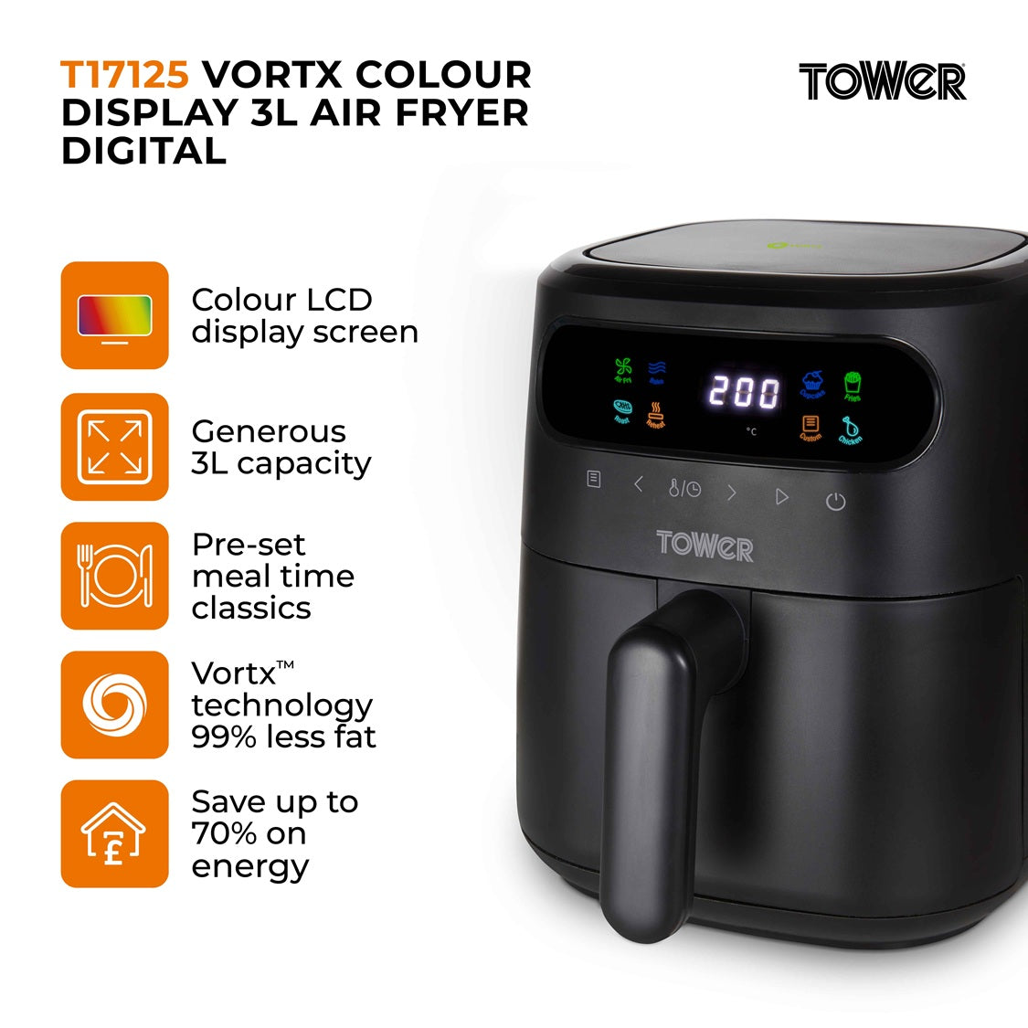 Tower Vortx Vizion T17125 3.0L Digital Basket Air Fryer Black