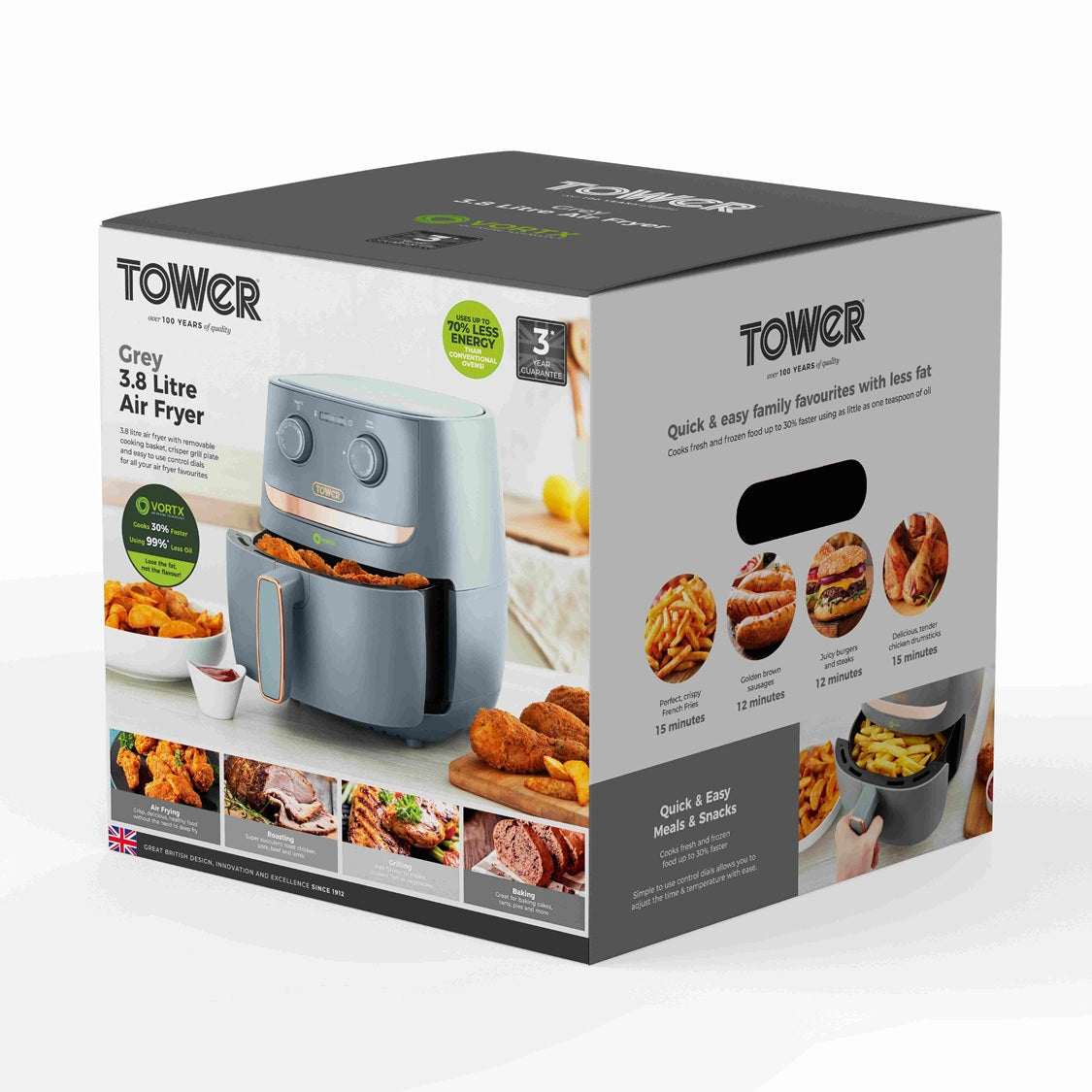 Tower Vortx T17126GRY 3.8L Manual Basket Air Fryer Grey/Rose Gold