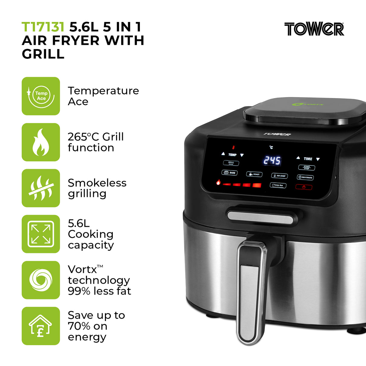 Tower Vortx T17131 5.6L Digital Basket Air Fryer & Smokeless Grill