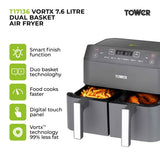 Tower Vortx T17136 3.8L Digital Dual Basket Air Fryer Grey