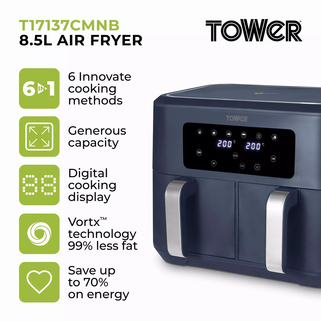 Tower Vortx T17137CMNB 8.5L Digital Dual Basket Air Fryer Midnight Blue