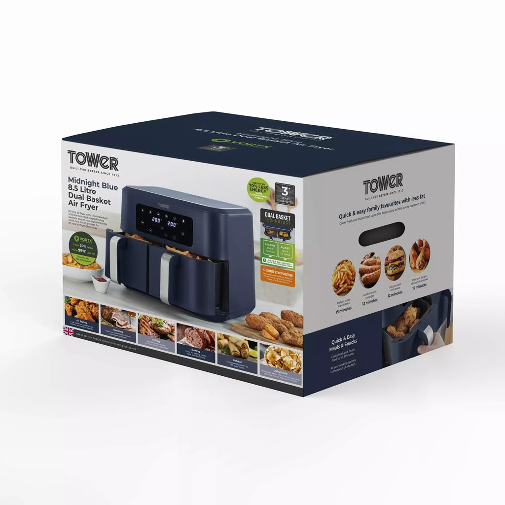 Tower Vortx T17137CMNB 8.5L Digital Dual Basket Air Fryer Midnight Blue
