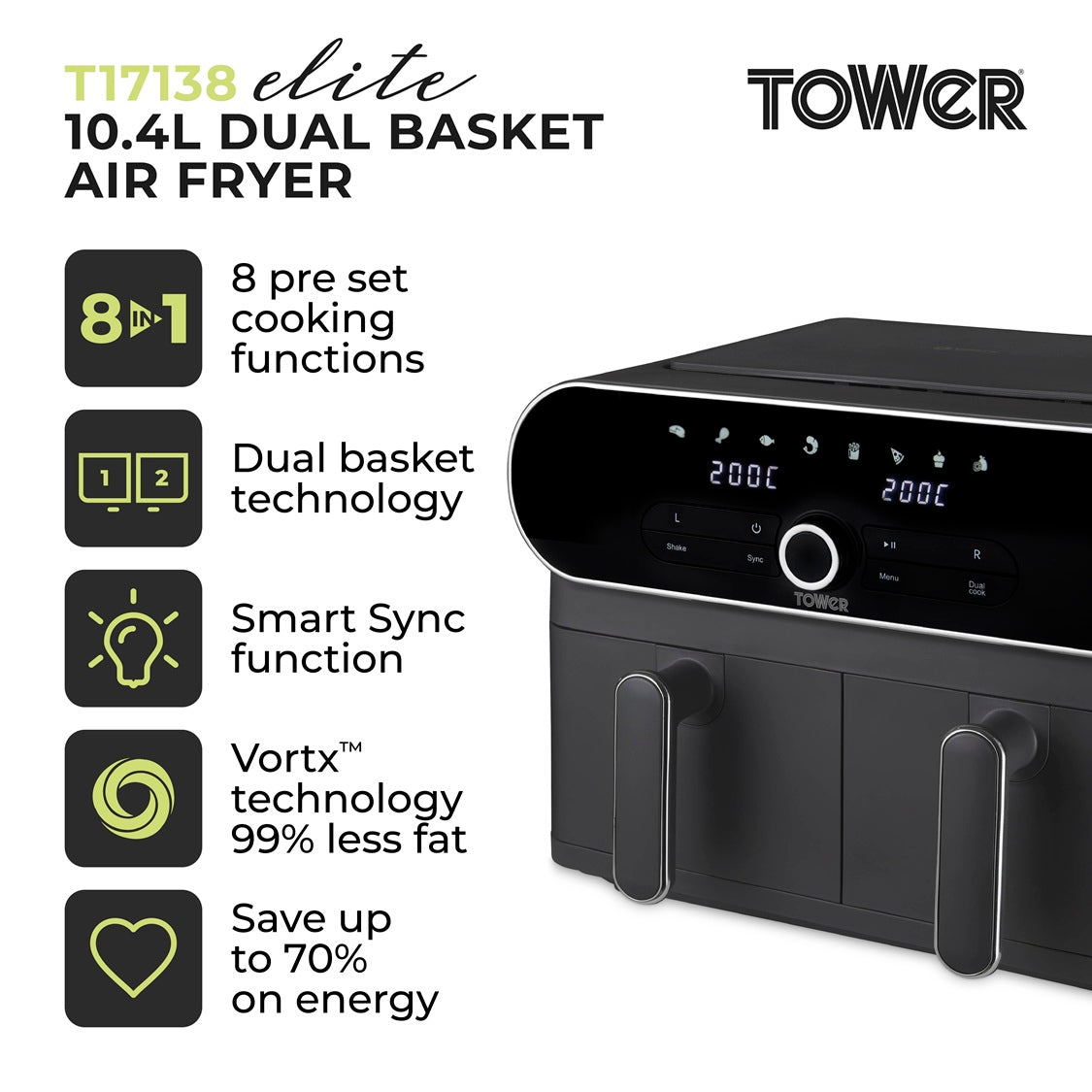 Tower Vortx Elite T17138 10.4L Dual Basket Air Fryer Graphite Grey