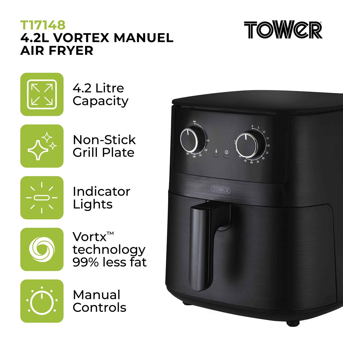 Tower Vortx T17148 4.2L Manual Basket Air Fryer Black
