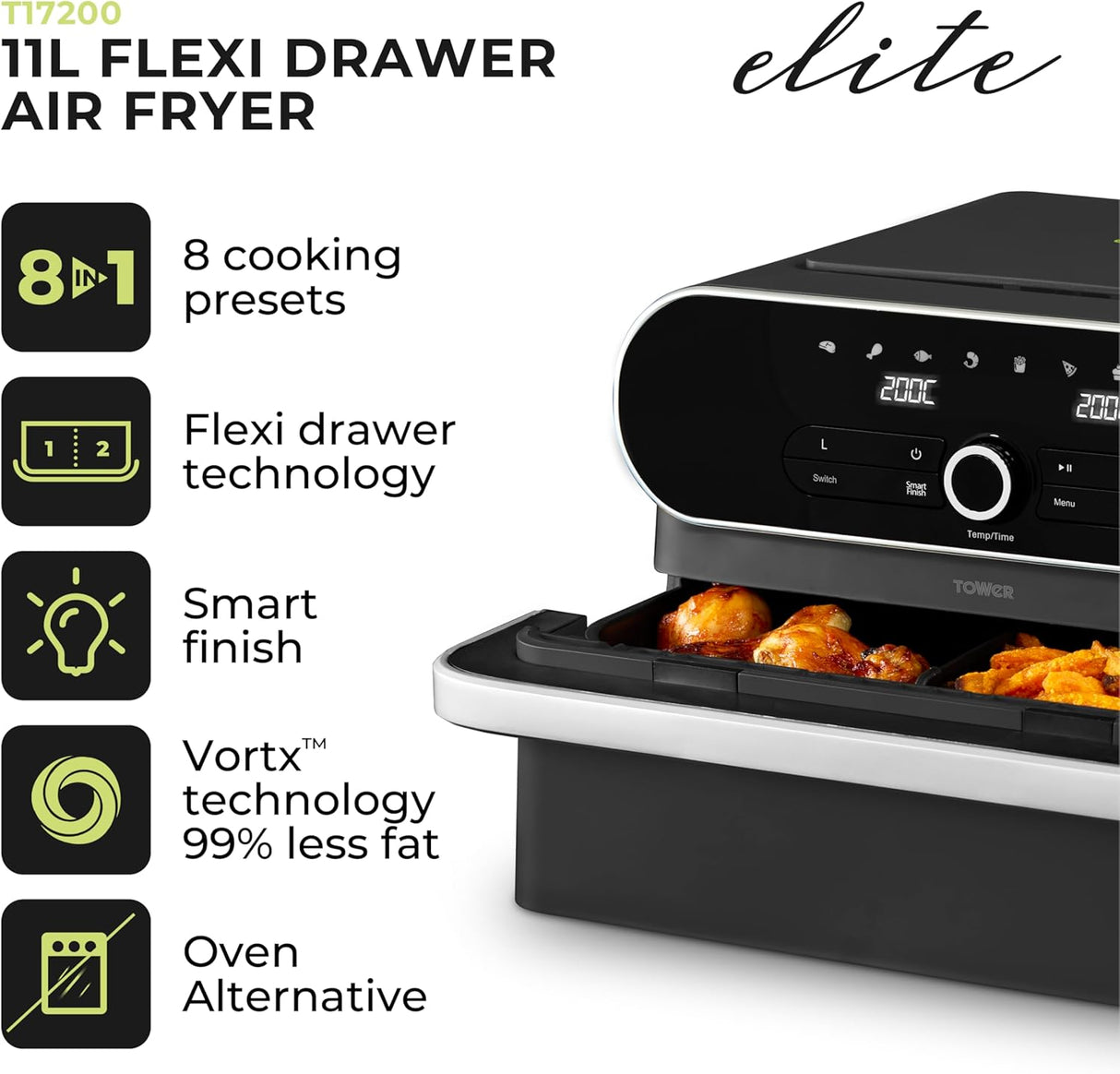 Tower Vortx Elite T17200 11.0L Flexi Draw Basket Digital Air Fryer Black