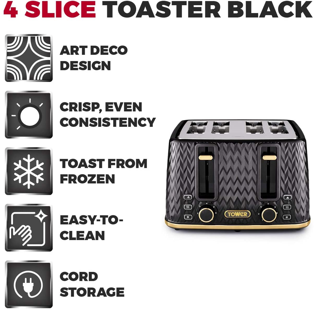 Tower T20061BLK Empire 4-Slice Toaster Black