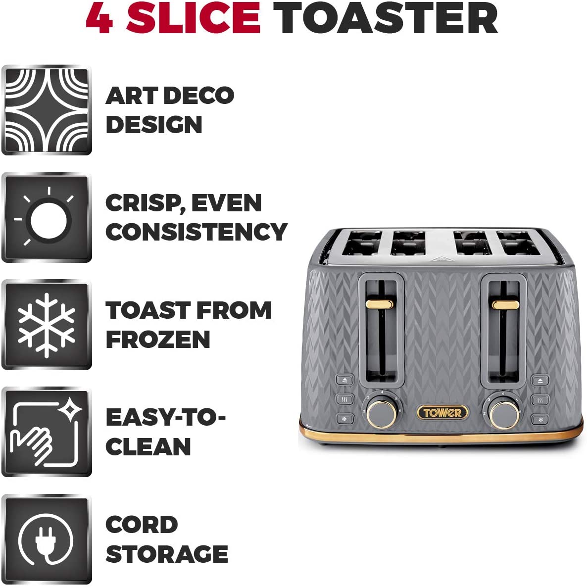 Tower T20061GRY Empire 4-Slice Toaster Grey