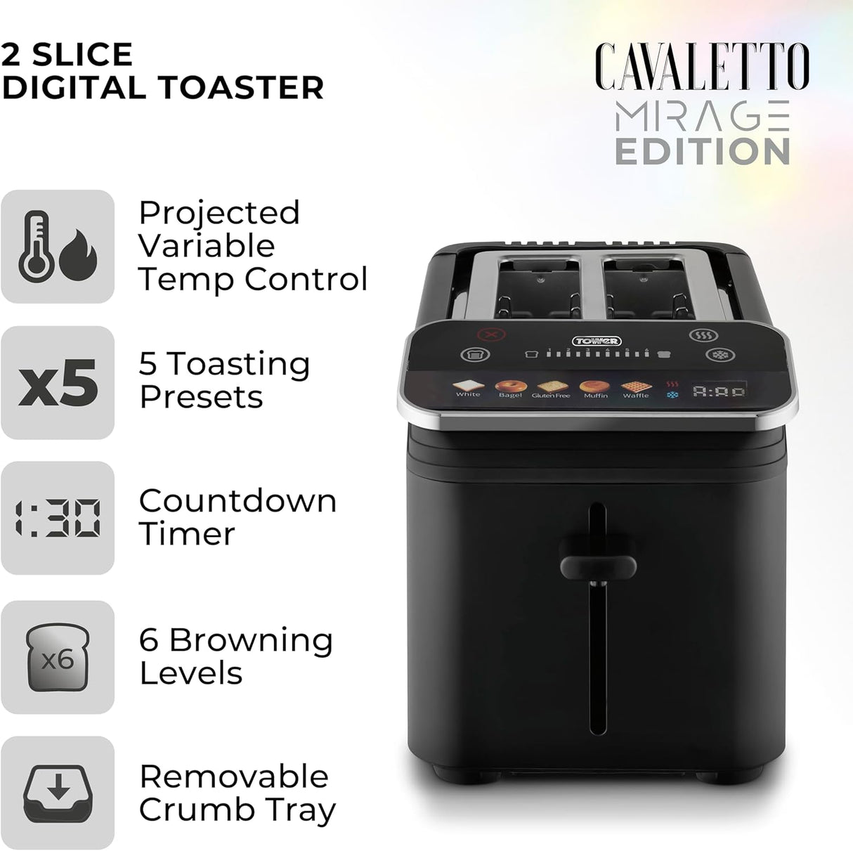 Tower Mirage T20096BLK 925W 2-Slice Digital Toaster Black
