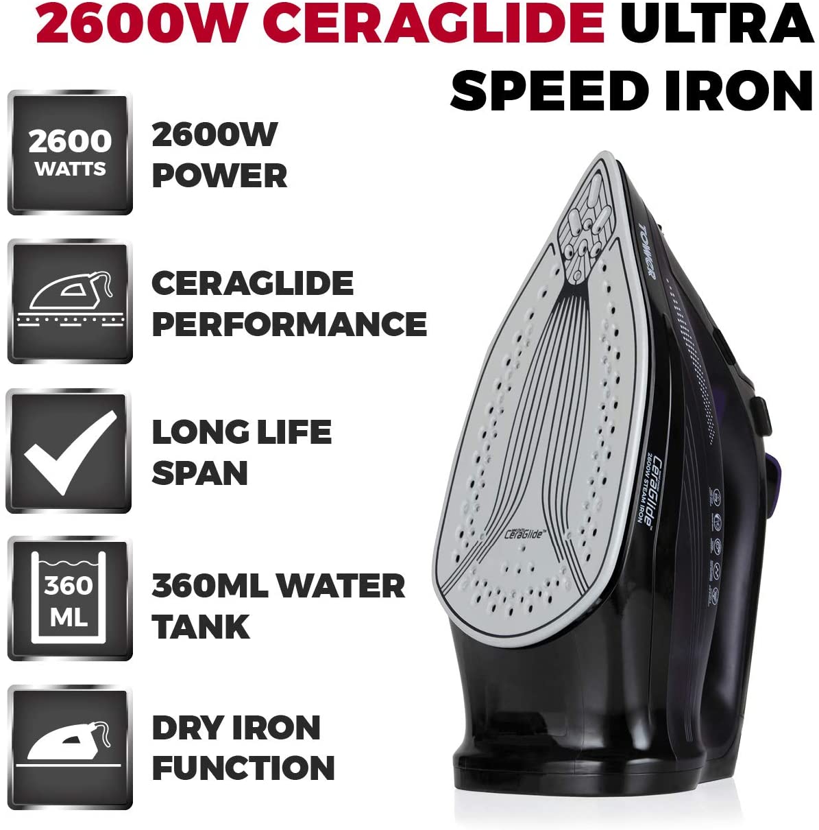 Tower T22011 CeraGlide 2600W Steam Iron Purple