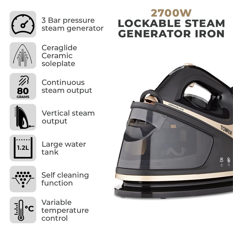 Tower T22023GLD Ceraglide 2700W Steam Generator Iron Black/Gold
