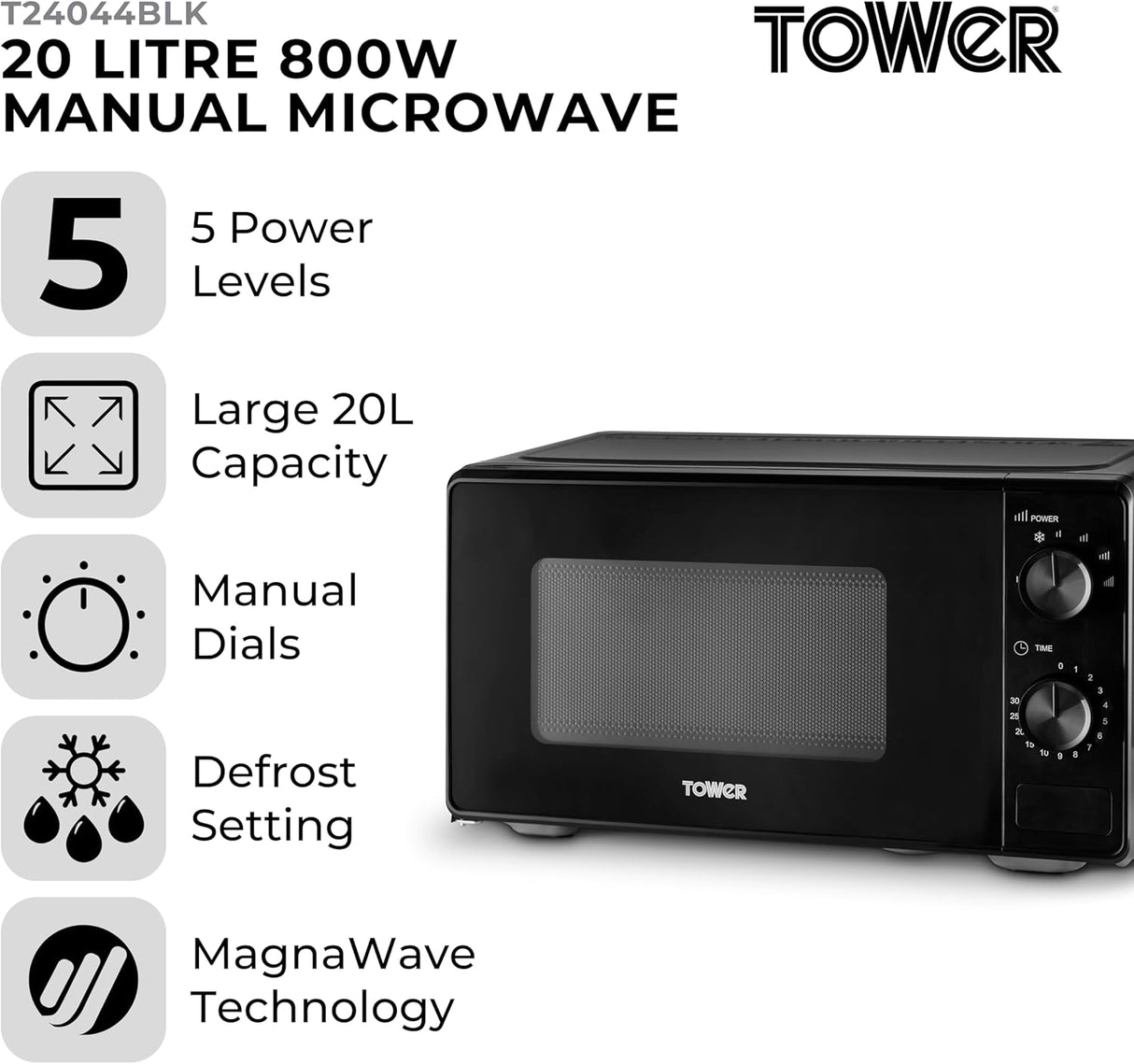 Tower T24044BLK 800W 20L Manual Microwave Oven Black