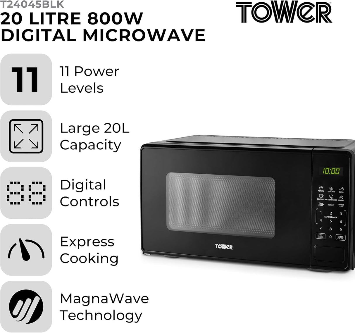 Tower T24045BLK 800W 20L Digital Microwave Oven Black