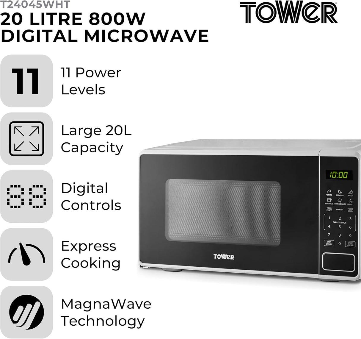 Tower T24045WHT 800W 20L Digital Microwave Oven White
