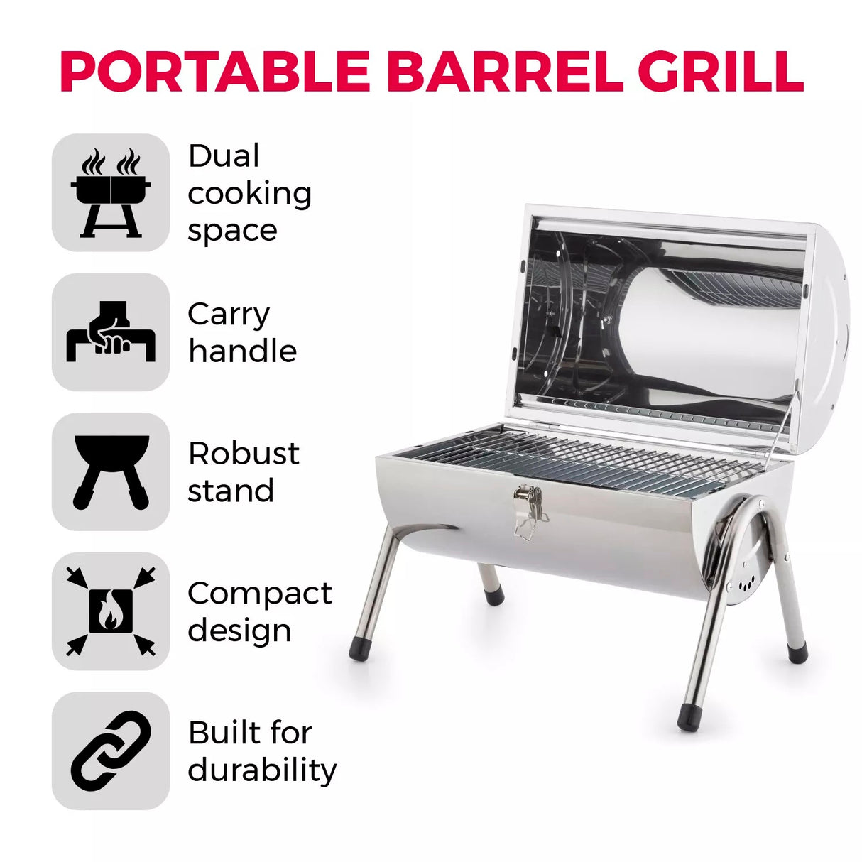 Tower Portable Barrel Grill Charcoal BBQ Stainless Steel