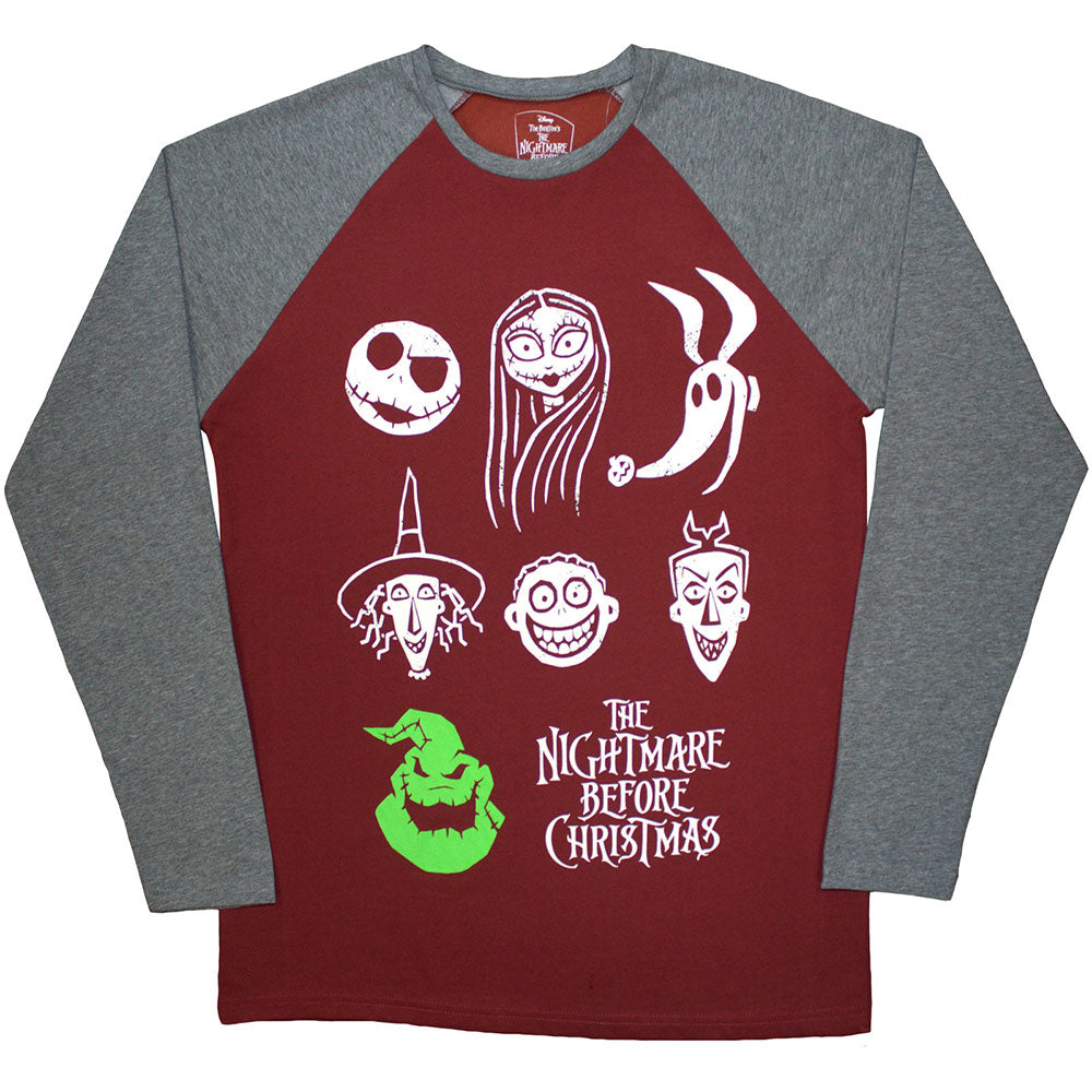 Disney Unisex Raglan T-Shirt The Nightmare Before Christmas Stacked Faces Grey/Red (XL)