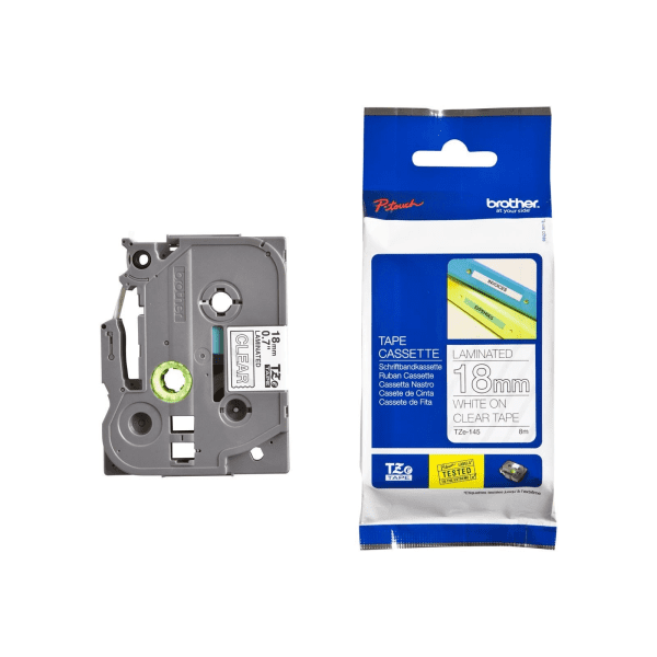 Brother TZE-145 PTouch Label Tape White on Clear 18mm x 8m