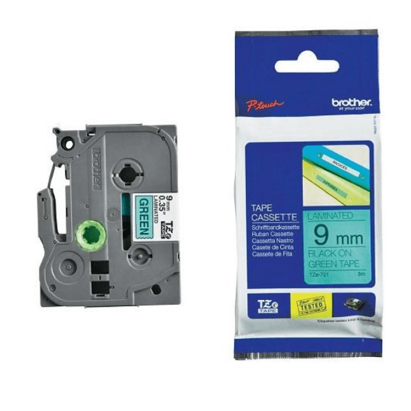 Brother TZE-721 PTouch Label Tape Black on Green 9mm x 8m