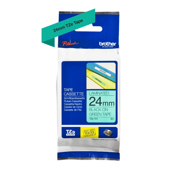 Brother TZE-751 PTouch Label Tape Black on Green 24mm x 8m