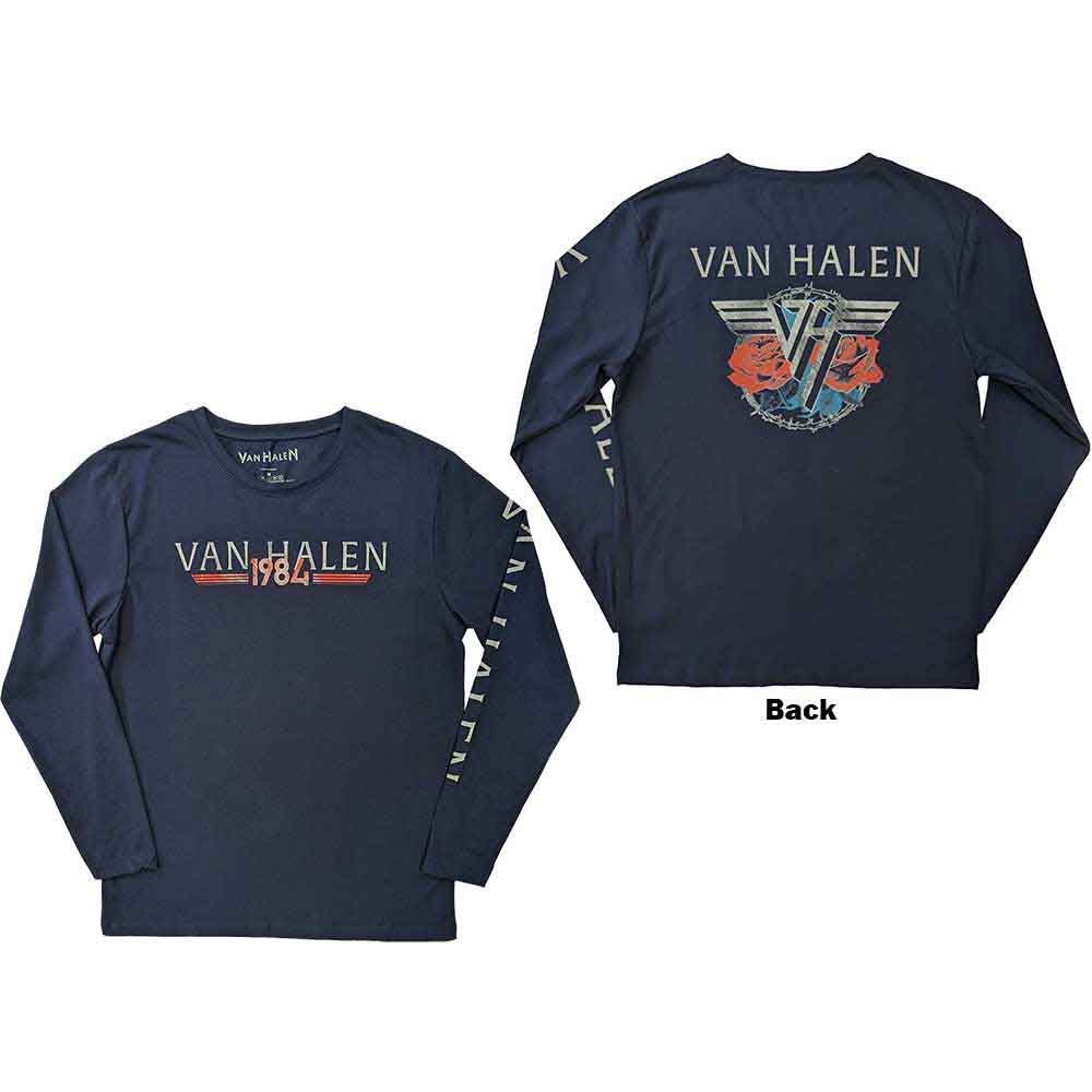 Van Halen Unisex Long Sleeve T-Shirt 84 Tour (Back & Sleeve Print) Blue (L)