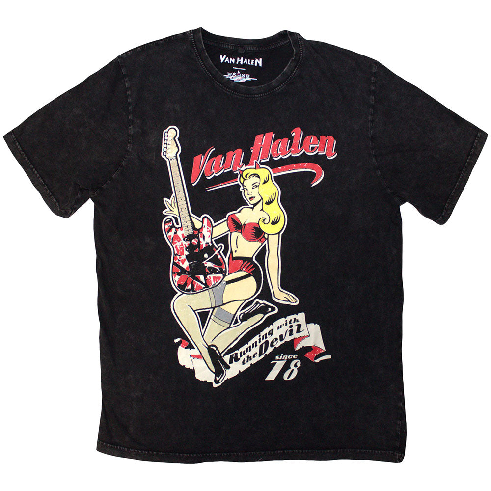 Van Halen Unisex Stone Wash T-Shirt Running With The Devil Black (L)