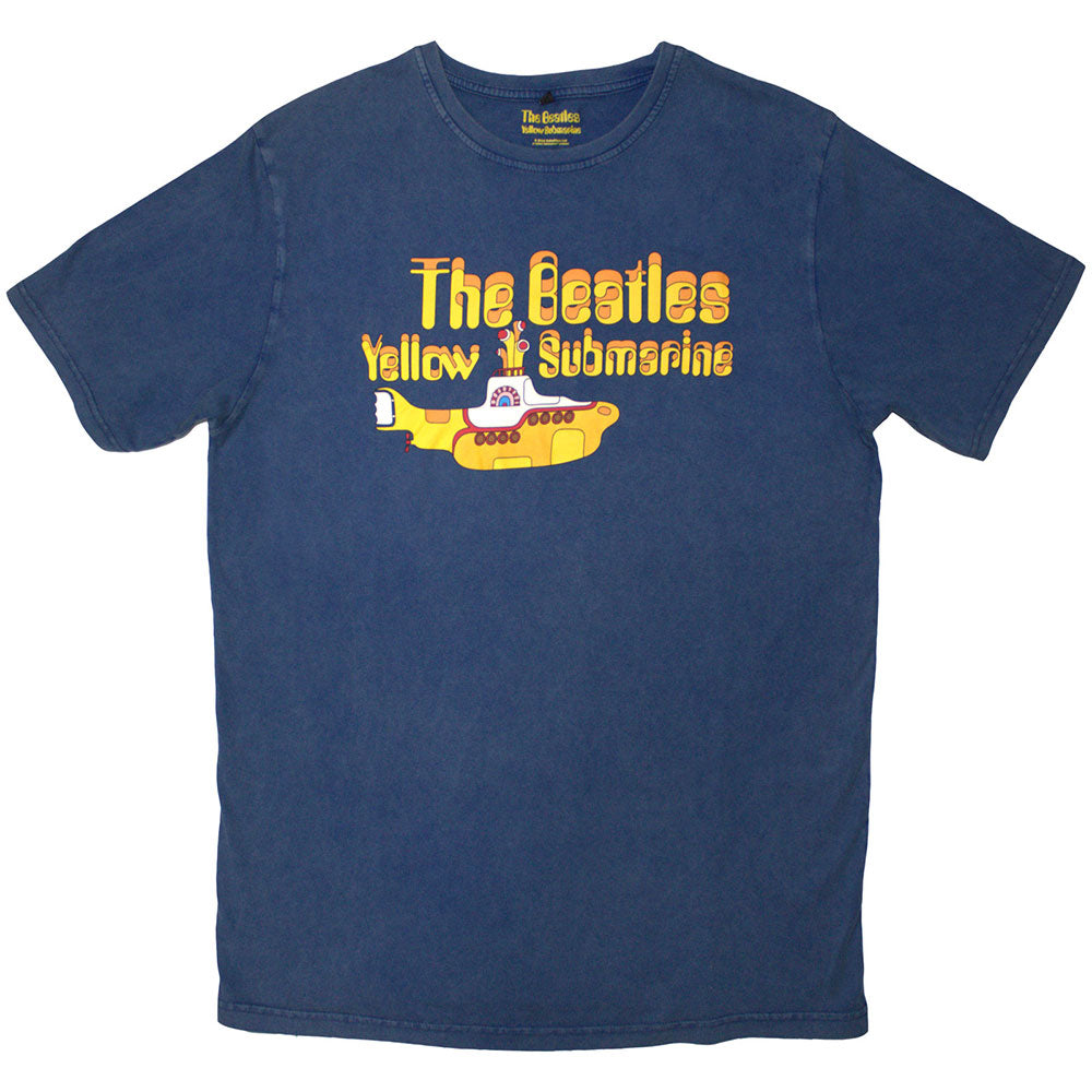 The Beatles Unisex Stone Wash T-Shirt Logo & Sub Denim Blue (S)