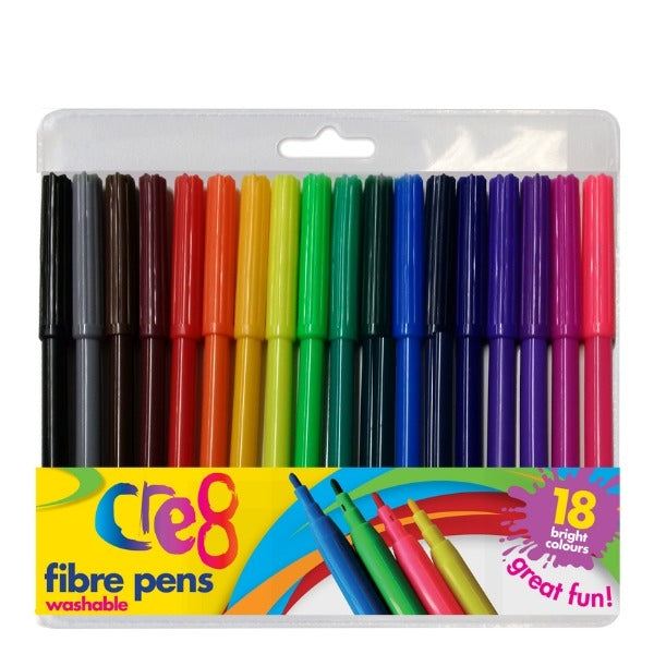 Cre8 Assorted Colours Washable Fibre Tip Pens (18pk)